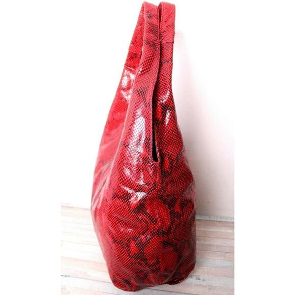LRG WORTH NEW YORK STUDDED SNAKE PRINT RED GENUINE LEATHER SHOULDER BAG HANDBAG - Picture 3 of 12